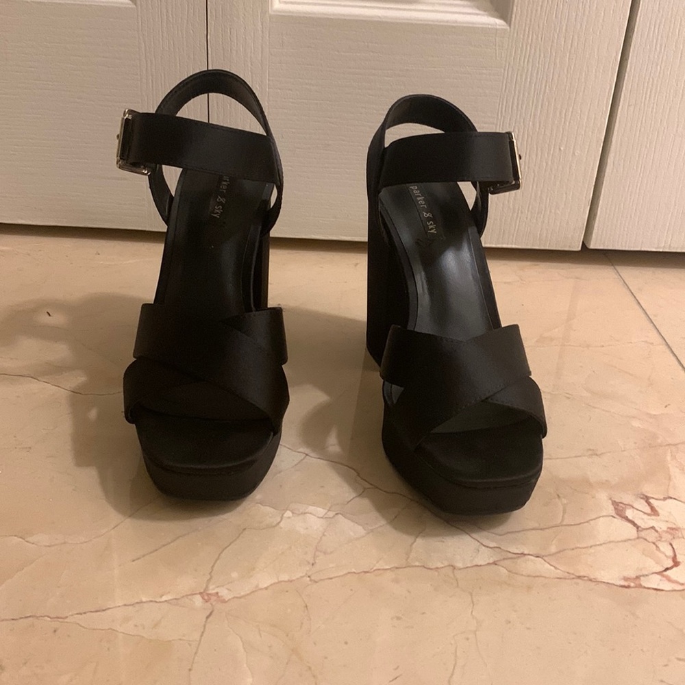 Black satin chunky heel size 7.5